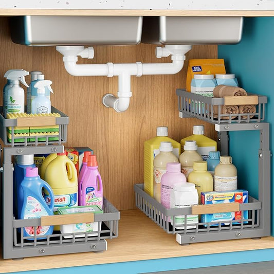 1 Packs 2 Tier Grey Under Sink Organizer,Under Sink Organizers and Storage, Slide Out Pull Out Cabinet Organizer Shelf, Metal Sliding Drawer for Kitchen Bathroom Cabinet Organization Rack