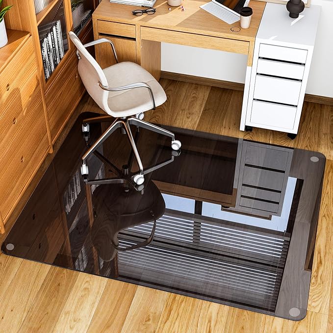 GLSLAND Office Chair Mat, 36" x 46" Grey Tempered Glass Floor Mat for Office Chair on Carpet, 1/6" Thick Computer Floor Mat with 4 Anti-Slip Pads