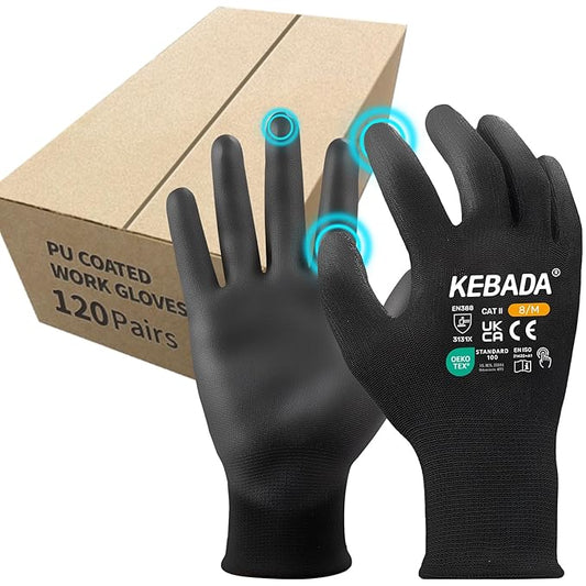 Kebada Safety Work Gloves,120 Pairs Bulk Pack, Touchscreen, PU Coated, Ideal for Warehouse, Construction, Gardening and Mechanics, Black, X-Large