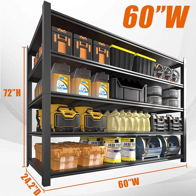 60"W Garage Shelving Heavy Duty Metal Shelving 3000LBS Storage Shelves Adjustable 5 Tier Metal Shelves for Storage Industrial Shelves for Garage, Warehouse, 24.2" D x 60'' W x 72'' H, 4 Packs