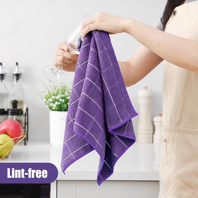 Homaxy Microfiber Kitchen Towels and Dishcloths Set, 12 Pack Soft and Absorbent Dish Hand Towels Bulk, 28 x 16 Inch & 12 x 12 Inch Quick Drying Rags for Washing Dishes, Purple