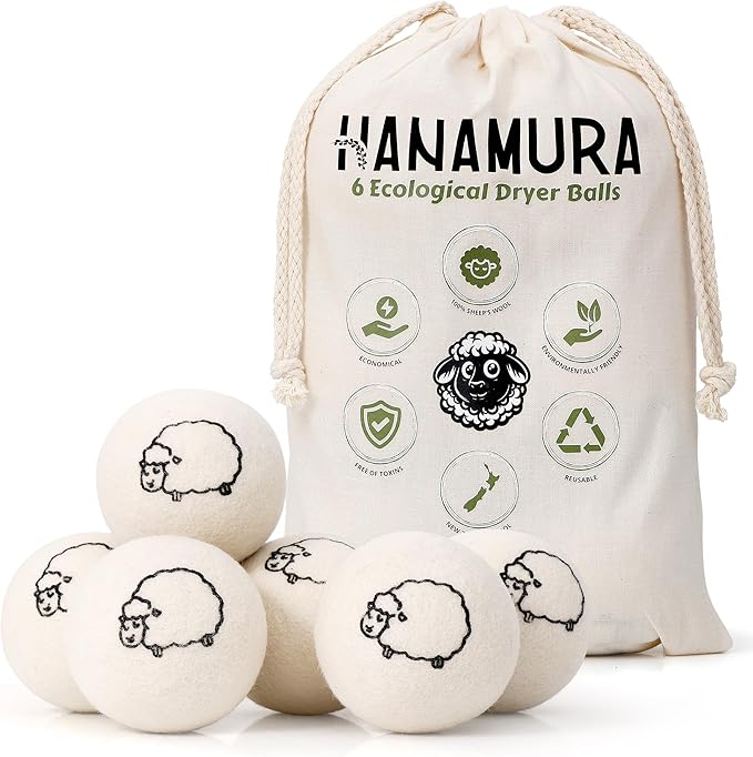 Hanamura 6 XXL Wool Dryer Balls - TÜV Tested 100% New Zealand Wool Balls for Dryer - Energy Saving & Baby-Safe Reusable Dryer Balls for Laundry - Non-Toxic Fabric Softener for WAD Free Laundry