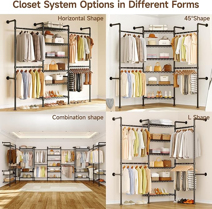 ONBRILL H3 Wall Mounted Closet System, Expandable Industrial Pipe Clothes Rack Clothing Rack for Hanging Clothes, Heavy Duty Closet Organizers and Storage in Wardrobe Closet, Black