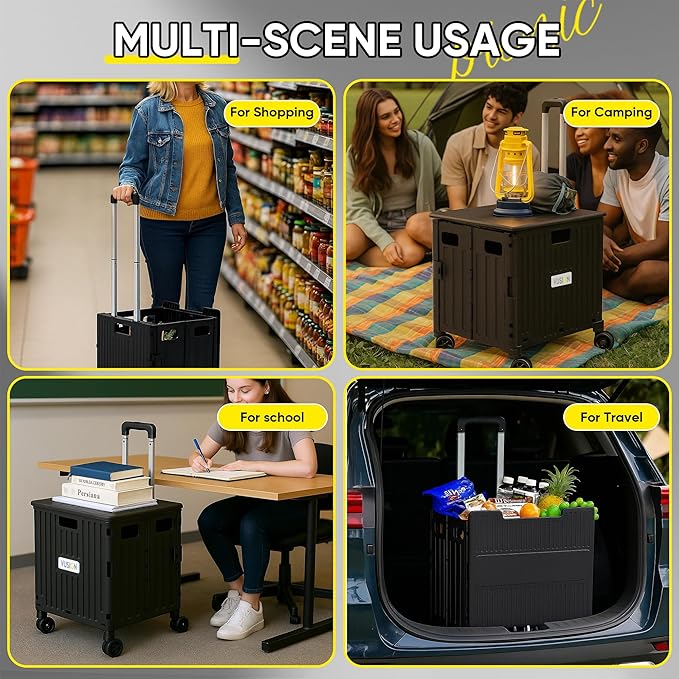 VUSIGN Folding Utility Cart, Foldable Rolling Crate Handcart with Lid, Portable Collapsible Shopping Trolley Tool Box, 4 Rotate Wheels for Grocery, Office, Travel, Teacher, Luggage, Black