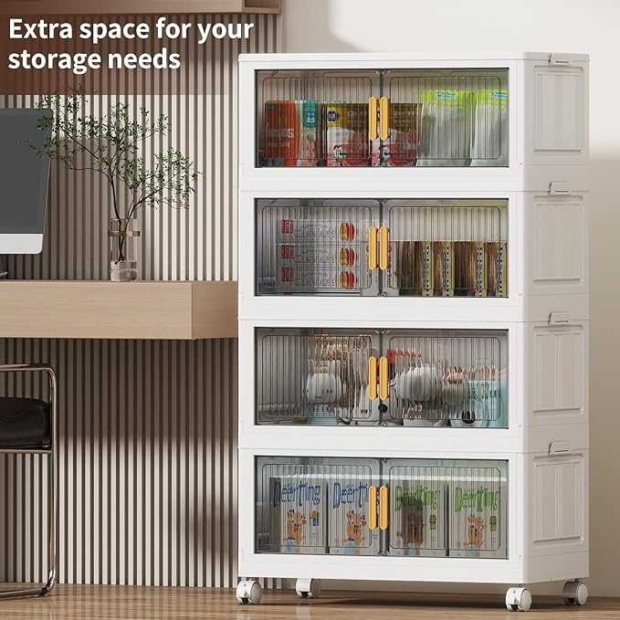 100Gal Stackable Plastic Storage Bins with Lids, Collapsible Closet Organizers and Storage with Wheels for Living Room,Office,Dorm, 30.5" W x 14.6" D x 60" H, 4 Tier