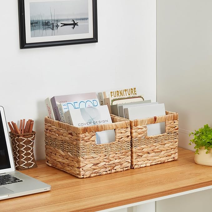 Water Hyacinth Wicker Basket, Decorative Woven Baskets with Built-in Handles, Hand-woven Storage Organizer for Organizing Pantry, Livingroom, Bedroom, Shelves, Toilet(2-PACK, Blended)
