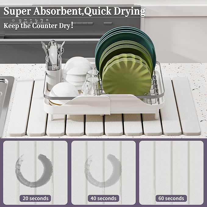 Large Stone Dish Drying Mats for Kitchen Counter – Foldable Quick Dry Stone Mat with Non-Slip Pad & Sandpaper, Super Absorbent Diatomaceous Earth Mat for Dishes and Cups(White 23.5"x15.5")
