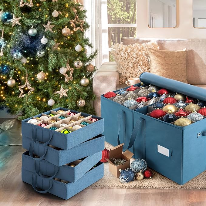Hearth & Harbor Large Christmas Ornament Storage Box With Adjustable Dividers - Ornament Storage Container For 128 Holiday Ornaments or Decorations