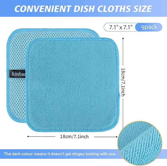 KinHwa Kitchen Washcloths for Dishes Absorbent Microfiber Dish Cloths Quick Dry Dish Rags with Poly Scour Scrub Side Ideal for Kitchen Cleaning (Mixing Colors #1, 7inchx7inch 9 Pack)