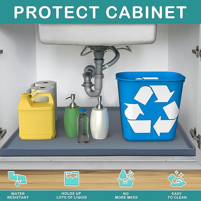 URMONA Waterproof Silicone Under Sink Mat 25'' x 22'' Shelf Liner for Kitchen and Bathroom, Cabinet and Counter Protector, Storage and Organizers, Litter Mat, Pet Cat Puppy Essentials(Cream)