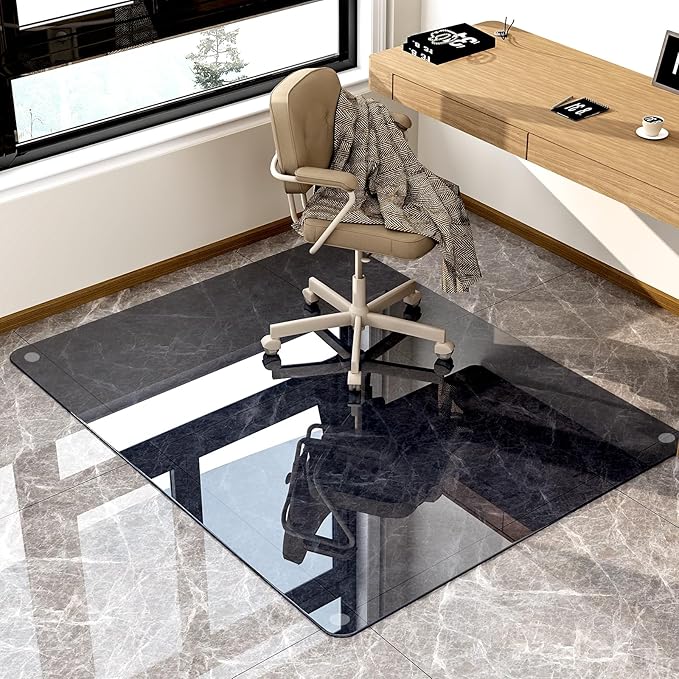 GLSLAND Office Chair Mat, 36" x 46" Grey Tempered Glass Floor Mat for Office Chair on Carpet, 1/6" Thick Computer Floor Mat with 4 Anti-Slip Pads