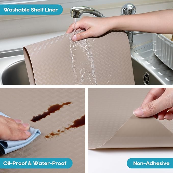 Beige Shelf Liners for Kitchen Cabinets Refrigerator Liners Waterproof & Oil-Proof Kitchen Cupboard Liner Drawer Mats EVA Material Non Adhesive Washable Fridge Liner for Shelves 35.4 x 236.2 Inches