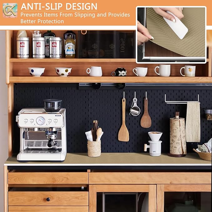 Self-Adhesive Shelf Liner Kitchen Liner, Waterproof Backed Paper Easy Peel and Stick Contact Liner Without Residue for Decor Your Desk Surface, Kitchen Countertops (Dark Khaki, 17.5 x 236.2 inches)