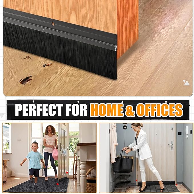 Premium 2 Pack Door Sweep for Bottom – Metal Gap Filler Draft Blocker, Weather Stripping Threshold Seal, Brush Weather Storm Soundproofing Rodent Guard Excluder Strip, Rain Drip Draft Stopper
