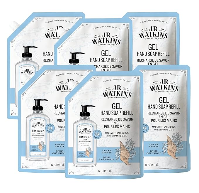 J.R. Watkins Gel Hand Soap Refill Pouch, Scented Liquid Hand Wash for Bathroom or Kitchen, USA Made and Cruelty Free, 34 fl oz, Ocean Breeze, 6 Pack