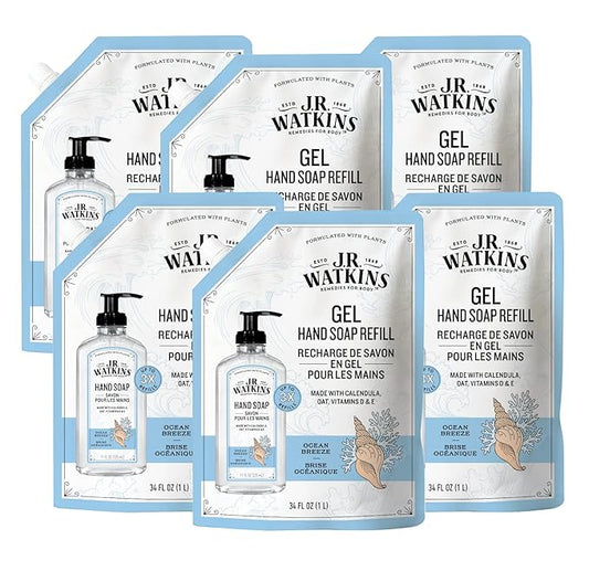 J.R. Watkins Gel Hand Soap Refill Pouch, Scented Liquid Hand Wash for Bathroom or Kitchen, USA Made and Cruelty Free, 34 fl oz, Ocean Breeze, 6 Pack