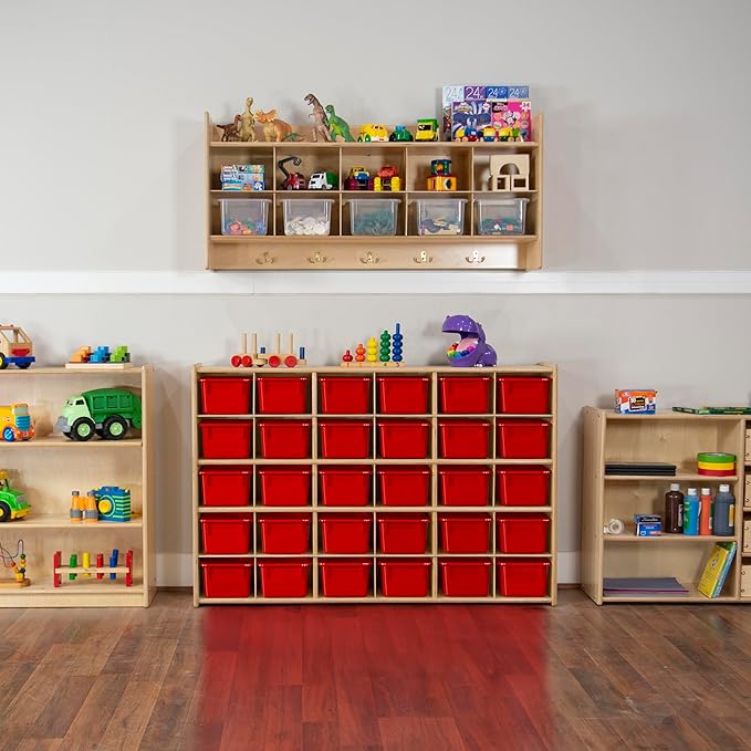 Wood Designs Cubby Storage Bin, Heavy Duty Plastic Containers for Kids Red Cubby Tray Set of 30