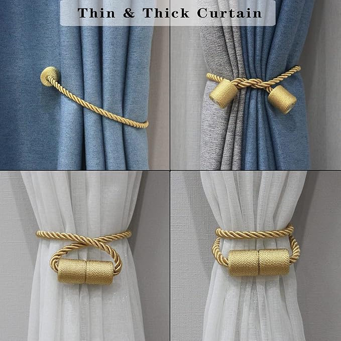6 Pack Gold Strong Magnetic Curtain Tiebacks Outdoor Elegant Decorative Tie Backs Modern Rope Tiebacks for Drapes Window Curtain Holdbacks for Draperies
