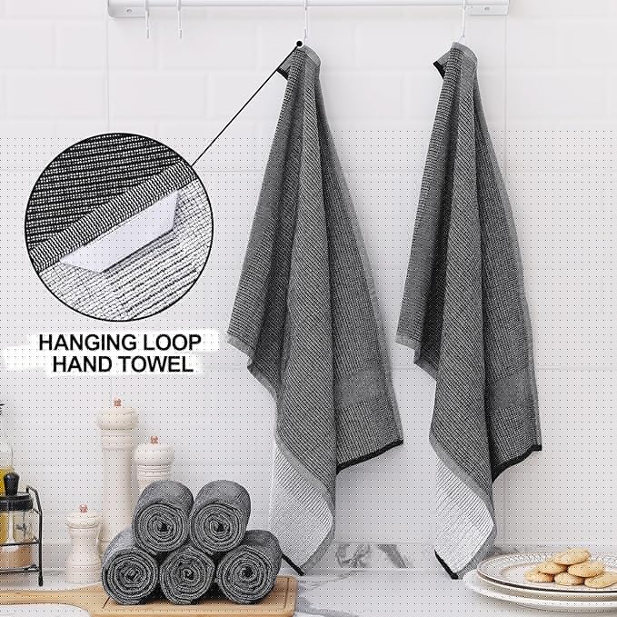 Homaxy Premium Kitchen Towels(18”x 28”, 12 Pack), Large Cotton Kitchen Hand Towels, Flat and Terry Dish Towels, 380 GSM Highly Absorbent Tea Towel Set with Hanging Loop, Black