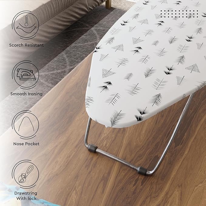 Encasa XO Ironing Board Cover and Pad 28"x12" - Thick 3mm Felt Padding, Drawstring Tightening & Lock, Easy Fit, Scorch & Stain Resistant, Fits Mini Ironing Board - White Tiles