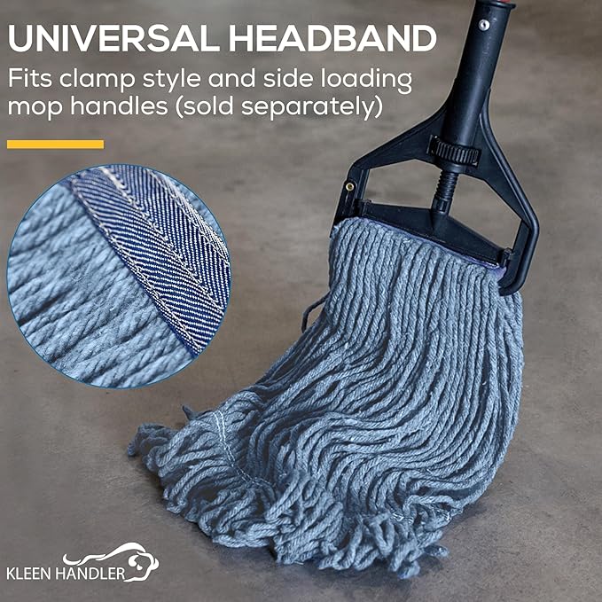 KLEEN HANDLER HEAVY DUTY Commercial Mop Head Replacement, Wet Industrial Cotton Looped End String Cleaning Mop Head Refill, Blue Mop, Universal Headband