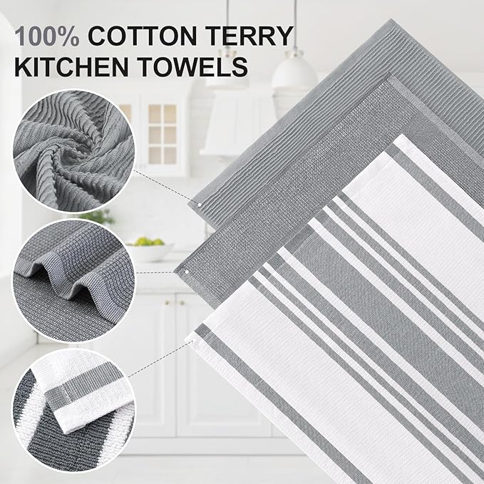 Homaxy Premium Kitchen Towels(18”x 28”, 9 Pack), Large Cotton 380 GSM Kitchen Hand Towels, Soft and Absorbent Terry Dish Towels, Multipurpose Tea Towel Set with Hanging Loop, Grey