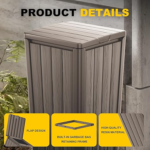 EasyUp Outdoor Trash Can with Lid, Waterproof and Sunscreen Resin Garbage Cans, Outside Trash Bin for Patio, Kitchen, Deck or Backyard(Grey)