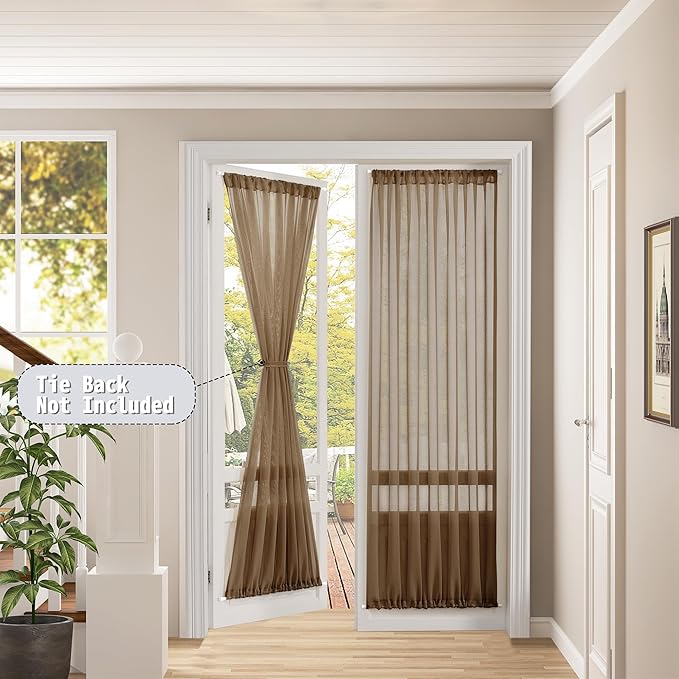 Tollpiz Sheer Door Curtain Closet Linen Textured Curtains Sheer Doorway Light Filtering Voile Patio Glass Door Rod Pocket Curtain French Door, 54 x 72 inches Long, Brown, Set of 1 Panel