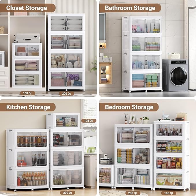BROVIEW 69.3"H 200Gal Plastic Storage Bins with Lid & Wheels,4Pack Extra Large Stackable Storage Bins with Dividers,Closet Organizers and Storage Cabinet Collapsible Box Shelves for Home Kitchen,White