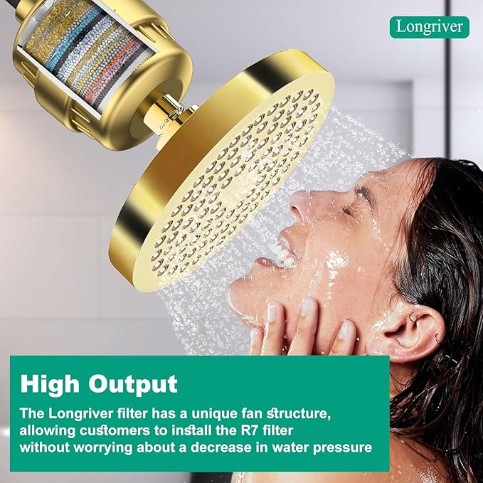 R7 Shower Filter High Put Shower Water Filter for Hard Water 99.99% Remove Chlorine, Heavy Metals, Shower Water Softener, Improve your skin and hair, Bathroom Fixture Hardware Parts, Brushed Gold