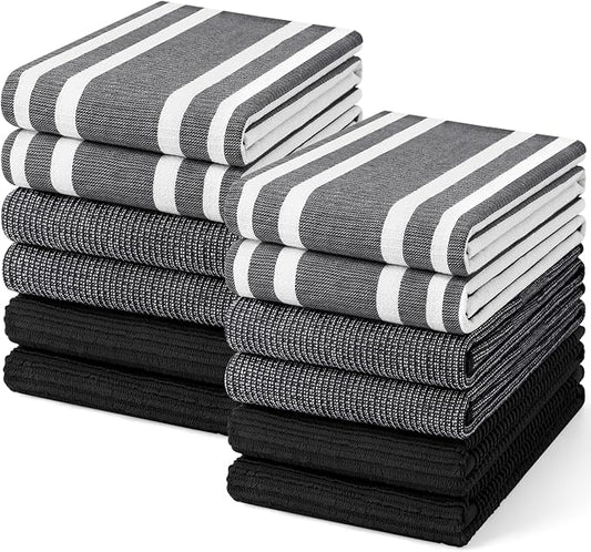 Homaxy Premium Kitchen Towels(18”x 28”, 12 Pack), Large Cotton 380 GSM Kitchen Hand Towels, Soft and Absorbent Terry Dish Towels, Multipurpose Tea Towel Set with Hanging Loop, Black
