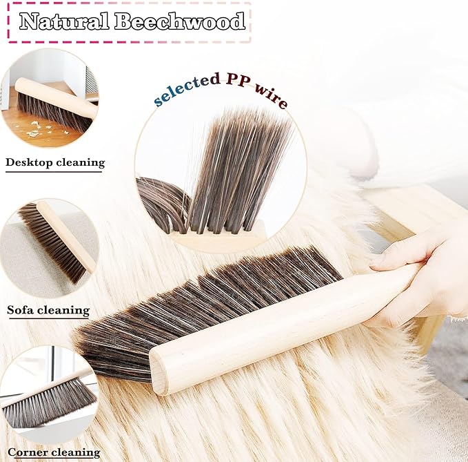 5pcsHand Broom Beech Wood Brush,Dust Brush,Duster for Counter,12inch Foxtail Bench Brush, Round Handle Handheld Brushes,5 Rows Soft Bristles for Bed,Shop Table,Woodworking Cleaning,Car,Sofa,Furniture