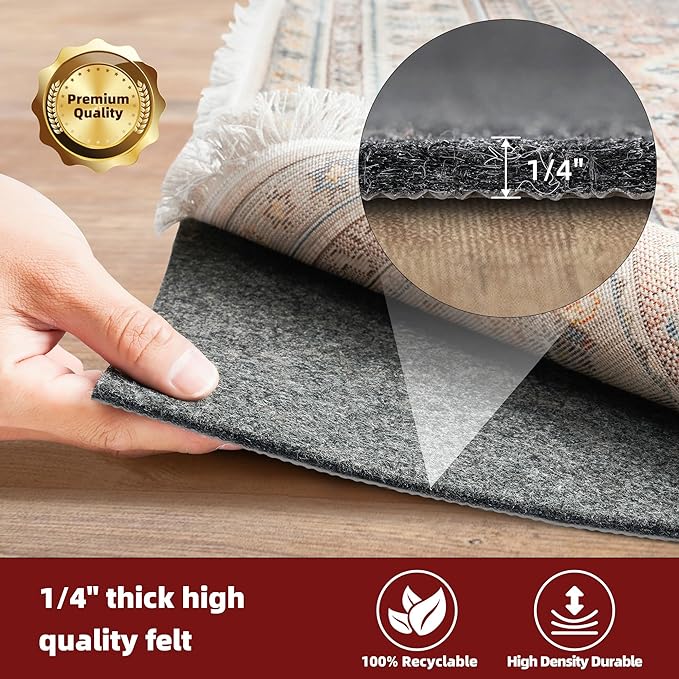 BAGAIL Felt and Natural Rubber Backing Rug Pads 1/4” Thick, 5 x 8 Ft Non Slip Carpet Gripper Keep Rugs in Place, Under Area Rug Protective Cushioned Pads, Carpet Runners, Hardwood Floors Protection