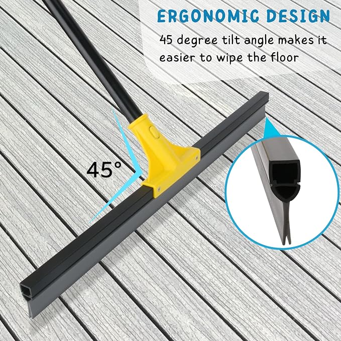 Floor Squeegee for Concrete and Tile Cleaning, 24'' Rubber Wiper Broom, Large Heavy Duty Water Scraper with 60'' Long Handle for Garage, Deck, Bathroom, Shower Glass, Window