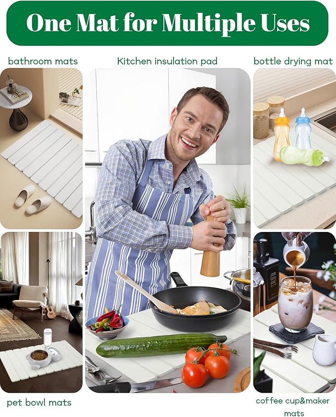 Dish Drying Mat, Diatomaceous Earth Absorbent Quick-Dry, Collapsible Stone Drying Mat for Kitchen Counter, Bath, Countertop, Dishes, Bottles, Cups, with Sandpaper & Non-slip Pad, 23"(L)x15.3"(W)
