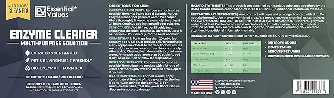 Enzyme Cleaner (1 Gallon / 128 Fl OZ), Drain Cleaner, Made in USA – Multi-Purpose Solution- Stop Odors in its Tracks | Odor Eliminator, Stain Remover, General Cleaning – for Residential & Commercial