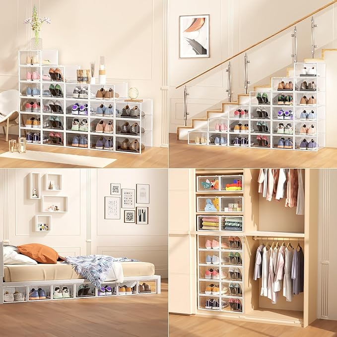 Secret Space 12 Pack XX Large Shoe Organizer Storage Boxes for Closet, Modular Space Saving Shoe Boxes Clear Plastic Stackable Sneaker Containers Display Case with Lids, Pearl White03