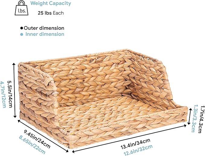VATIMA Water Hyacinth Storage Baskets with Large Open-Front for Kitchen, Decorative for Living Room, 13.4” x 9.5” x 5.5”, 2 Pack