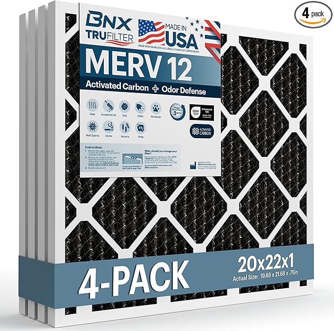 BNX TruFilter 20x22x1 MERV 12 Odor Defense (4-Pack) AC Furnace Air Filter with Activated Carbon - MADE IN USA - Pleated Air Conditioner HVAC AC Furnace Filters - Removes Odor, Mold, Bacteria, Smoke