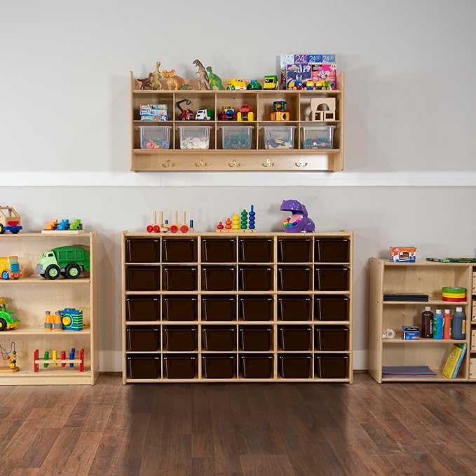 Wood Designs Cubby Storage Bin, Heavy Duty Plastic Containers for Kids Brown Cubby Tray Set of 25