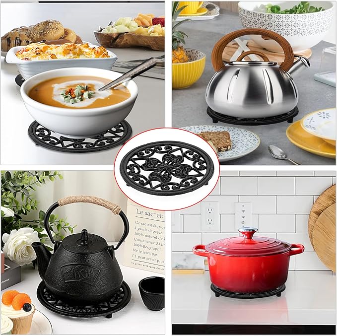 JUXYES 2 PCS Decorative Cast Iron Metal Trivet with Rubber Feet, Vintage Heat Resistant Iron Mat for Hot Dish Pot Pan Plate Teapot, Round Trivet Mat Hot Pot Holder Pads for Kitchen Or Dining Table