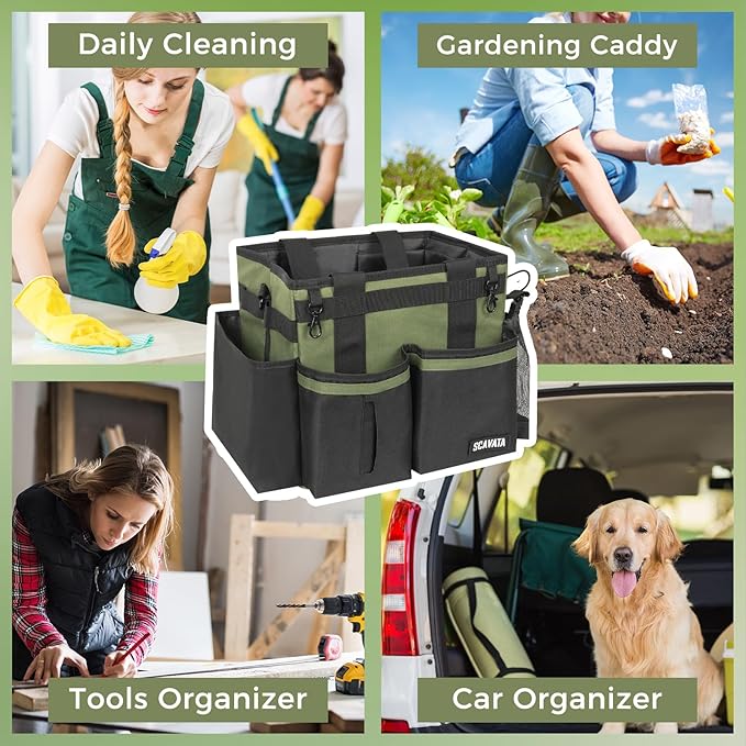Compact Wearable Cleaning Caddy, Small Cleaning Caddy Supplies Organizer with Handle & Shoulder Straps for Housekeepers, Under Sink & Car Cleaning Tool Organizers Bag (Armygreen)