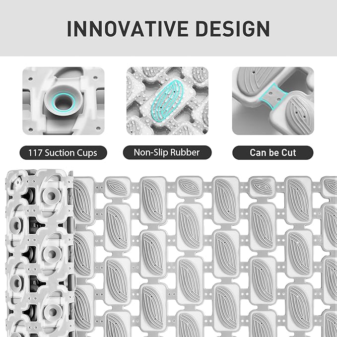 Shower Mat Non Slip Bathtub Mat - 27 x 16 Inch Eco-Friendly Soft Bath Mat for Tub Non Slip Shower Mats for Inside Shower with Suction Cups and Drain Holes, Easy to Clean Quick-Drying, Grey