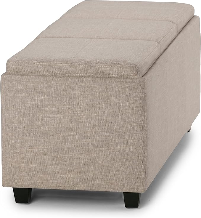 SIMPLIHOME Avalon 42 inch Wide Contemporary Rectangle Storage Ottoman in Natural Linen Look Fabric, Assembled, for the Living Room, Entryway and Family Room