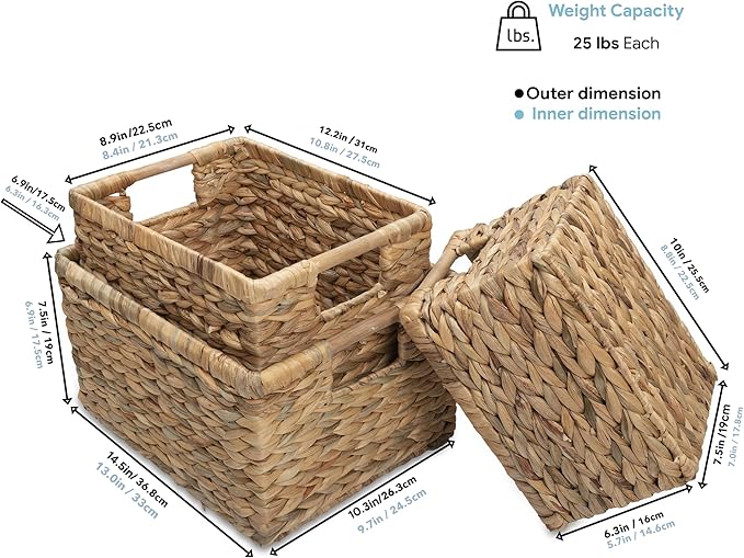 Water Hyacinth Storage Baskets with Wooden Handles, Rectangular Woven Organizer Bins for Closet, Pantry, Bathroom, or Shelves, Natural Decorative Storage Baskets for Home Organization – Set of 3