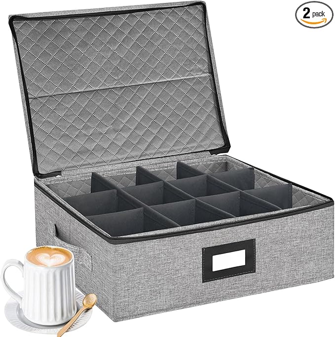 Coffee Mug Storage Box with Dividers, Durable China Storage Containers for Coffee Mugs, Tea Cups Storage Organizer with Lid, Handles, Label Window, Holds 12 Mugs, Hard Shell and Stackable (Grey)