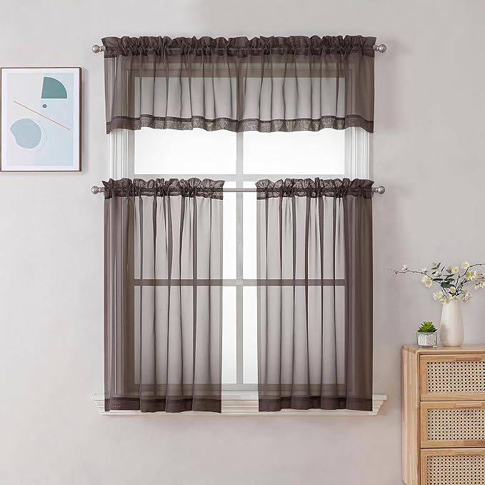 Chyhomenyc Sheer Chocolate Brown Tier Curtains 24 Inch Length, Small Window Curtains Treatment for Bathroom Living Room Basement, Short Rod Pocket Cafe Curtain, 42W x 24L Inches, 2 Panels