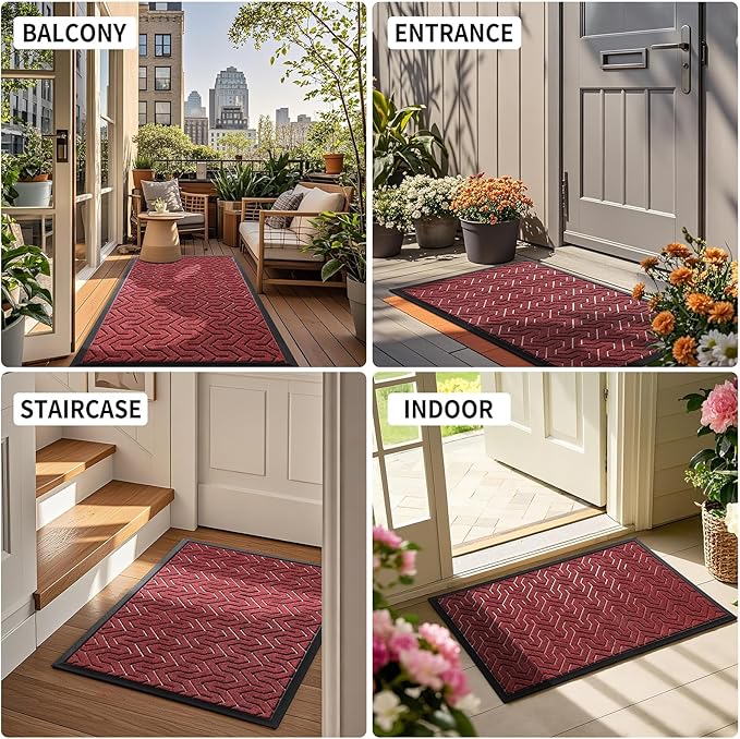 Yimobra Front Door Mat Outside Entrance 29.5x17, Waterproof Heavy Duty Outdoor Mats for Front Door, Non Slip Rubber Entry Mat for Garage Patio, Black Red