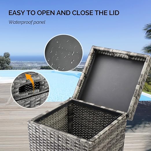 VINGLI Wicker Patio Trash Can, 27 Gallon Rattan Trash Can with Removable Lid, Outdoor Wicker Waste Basket, Wast Container (Grey)