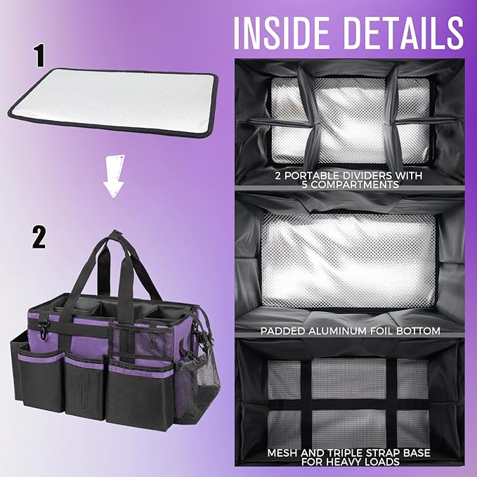 Wearable Cleaning Caddy, Cleaning Caddy Supplies Organizer with Handle & Shoulder Straps for Housekeepers, Under Sink & Car Cleaning Tool Organizers Bag with 4 Foldable Divider (Purple)